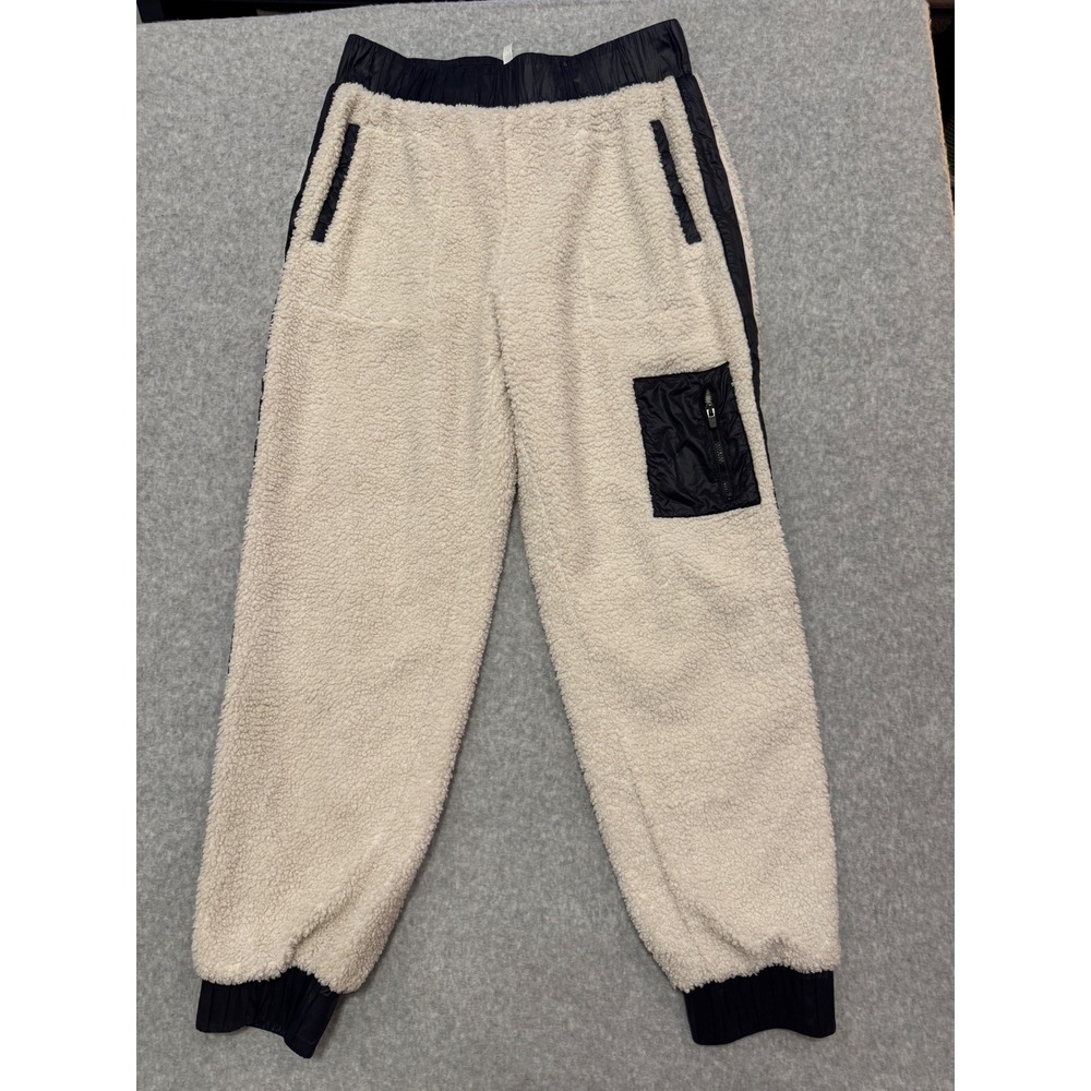 Fabletics Womens Cream Sherpa Fleece Cargo Joggers Black Trim PT2045264 Size L